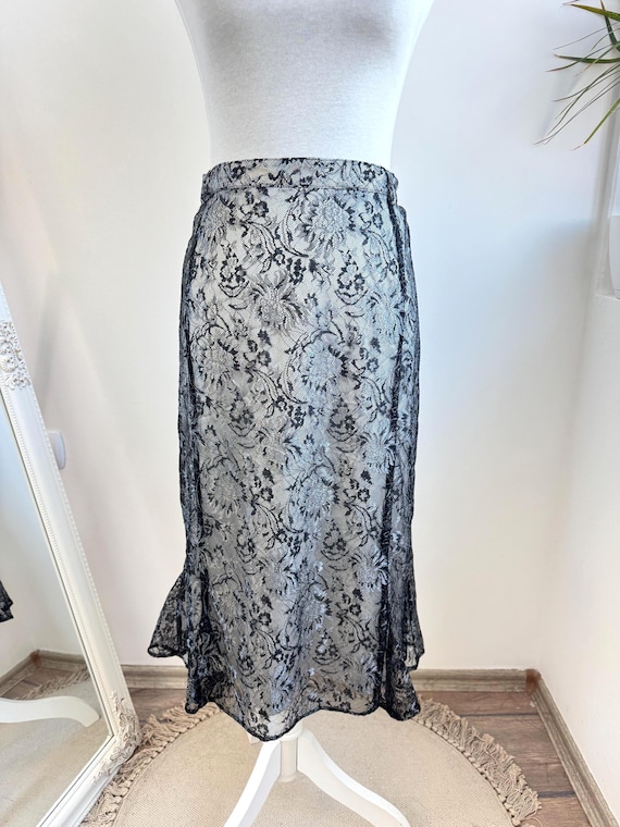 Vintage 90s Metallic Silver Black Lace Skirt High Waist, Sheer Floral Overlay Trumpet Godet Midi Skirt Retro Whimsigoth Grunge Bottom XL