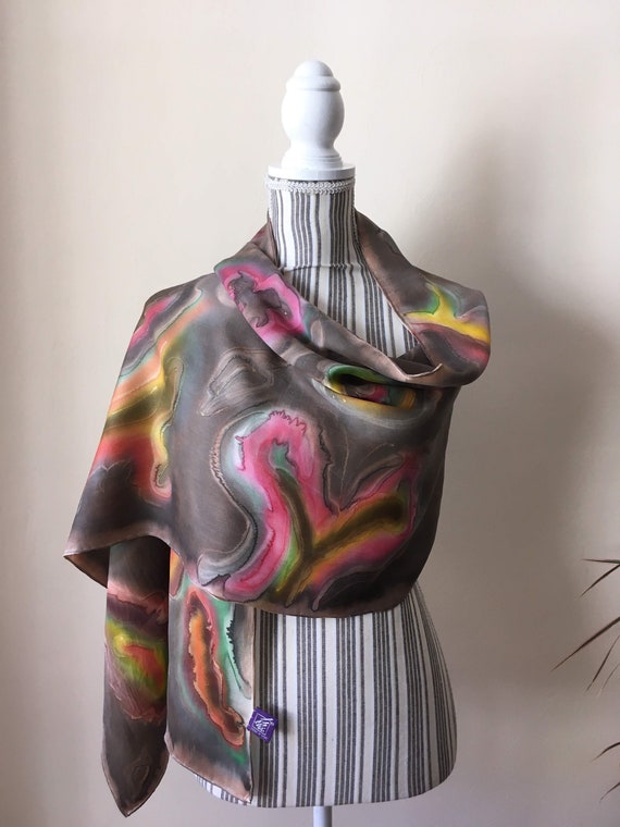 Vintage Silk Scarf, Hand Painted Pure Silk Scarf, Brown Silk Scarf for Women, Abstract Silk Scarf, Long Neck Scarf, Colorful Head Scarf