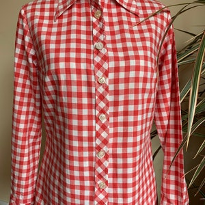 Vintage Tartan Plaid Shirt for Women Size M, Red White Checkerboard Shirt, Checkered Button Down Shirt, Long Sleeve Cotton Shirt Top