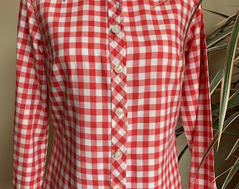 Vintage Tartan Plaid Shirt for Women Size M, Red White Checkerboard Shirt, Checkered Button Down Shirt, Long Sleeve Cotton Shirt Top