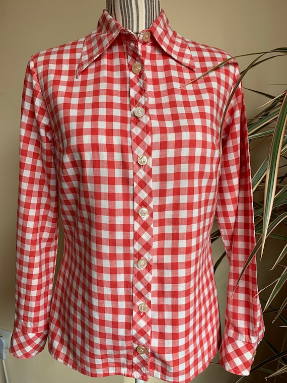 Vintage Tartan Plaid Shirt for Women Size M, Red White Checkerboard Shirt, Checkered Button Down Shirt, Long Sleeve Cotton Shirt Top