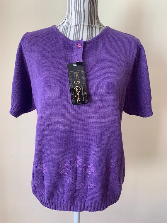 Vintage Purple Short Sleeve Sweater Size L, Crew Neck Pullover, Loose Fit Knitted Sweater Top, Spring Summer Jumper Top, Retro Knitwear