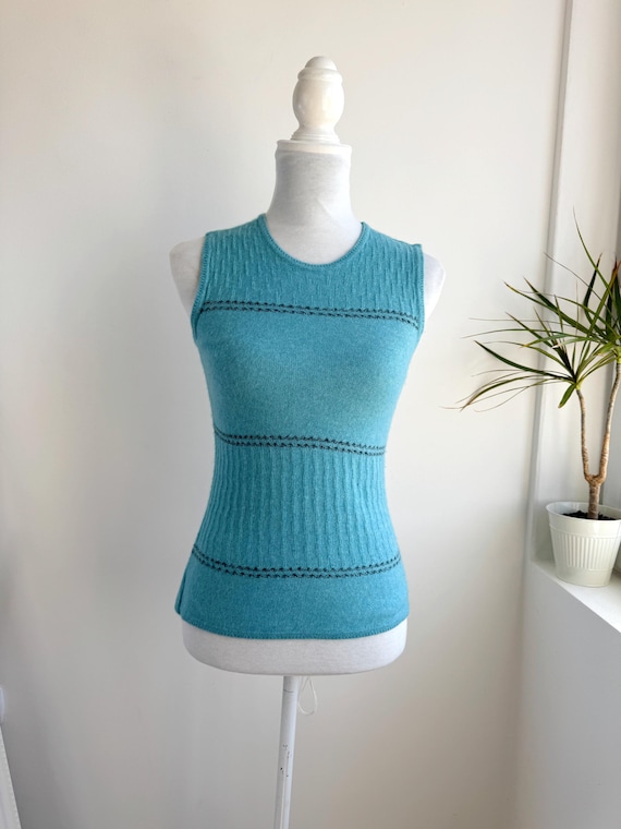 Vintage Teal Knit Vest, Italian Sleeveless Sweater by François Didie, Retro Blue Boho Layering Pullover Tank Top, Textured Knitwear Size S