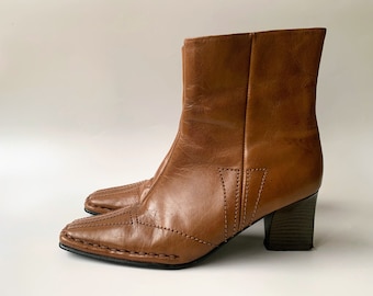 Botines vintage de tacón marrón para mujer, talla 36, EE. UU. 5,5, Reino Unido 3, botas con cremallera y punta cuadrada de los años 90, botines elegantes de tacón alto para otoño y primavera
