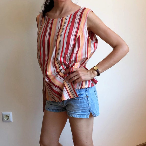 Vintage Plus Size Asymmetric Linen Top, Vertical Stripes Sleeveless Blouse Size L, Orange and Red Linen Shirt for Women, Loose Linen Blouse