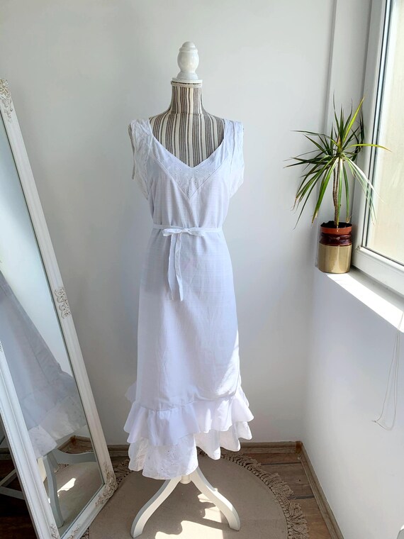 Vintage White Cotton Lace Dress Size L, ESISTO Conbipel Boho Maxi Dres, Long Summer Day Dress, Sleeveless Belted Bohemian Peasant Dress