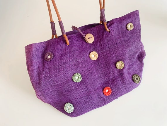 Vintage Purple Woven Basket Bag With Leather Handles, Straw Summer Shoulder Purse, Open Top Sisal Boho Chic Tote, Bohemian Beach Handbag