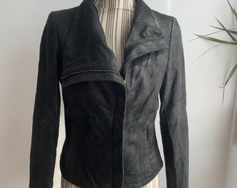 May include: A black leather jacket with a zipper closure and a collar that can be worn up or down.