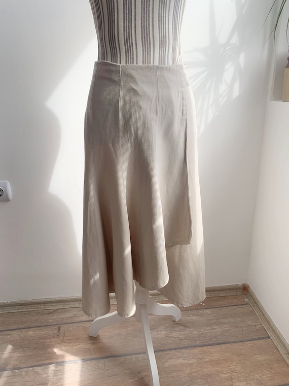 Beige Linen Wrap Skirt Size S, Summer Viscose Linen Midi Skirt, Mid Calf Flared A Line Skirt, Vintage Long Linen Skirt, Elegant Flax Skirt