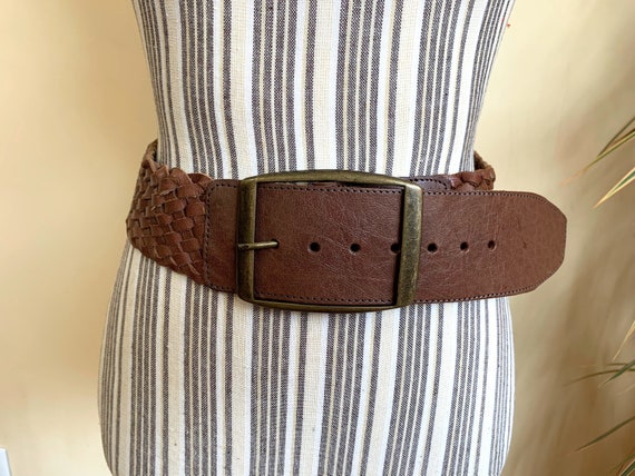 Toffee Brown Woven Leather Belt for Women, Vintage 90s Bohemian Wide Hip Belt, Boho Chic Braided Leather Waist Belt, Hippie Festival Belt
