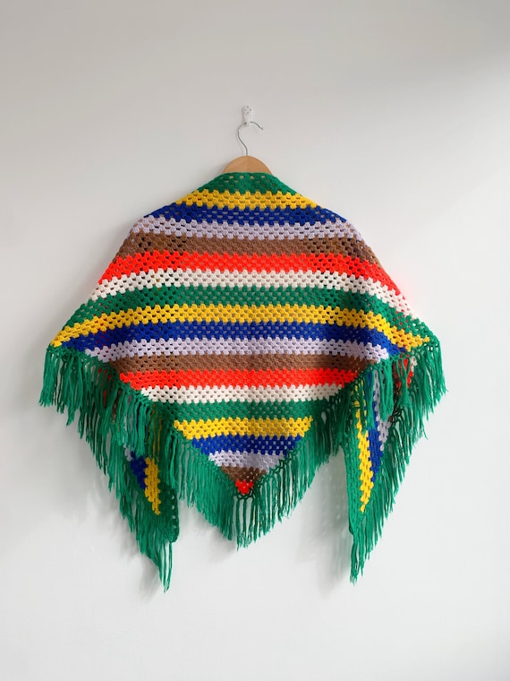 Vintage Colorful Crochet Shawl, Boho Festival Shawl, Striped Fringed Shawl Wrap, Bright Multi Color Triangle Shawl in Red Green Yellow Blue