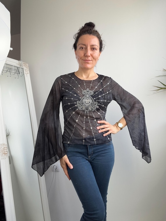 Vintage Y2K Black Mesh Top, Silver Glitter Heart Paisley Graphic Top, Dramatic Flared Bell Sleeves Fairycore Whimsigoth Sheer Blouse Size L