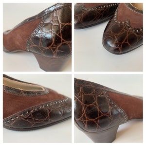 Bruna läderskor för dam, storlek 39 1/2, pumps med vingspets, italienska loafers med låg klack från 80-talet, slip-ons i mocka bild 10