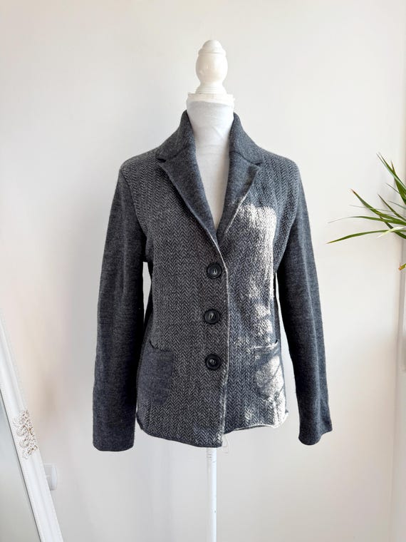 Vintage Y2K Christian Berg Stockholm Grey Herringbone Wool Sweater Blazer Women L, Classic Tailored Unlined Wool Jacket, Fall Cropped Coat