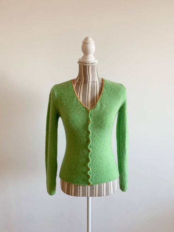 Vintage Green Cropped Cardigan Size S, Knitted Mohair Sweater, Fluffy Cardigan, Fitted Knit Sweater, Fuzzy Knit Cardigan, Soft Wool Cardigan