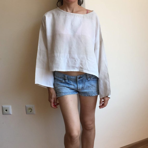 Loose Linen Top With Long Wide Sleeves, Loose Fitting Oversized Crop Top, Cream White Short Linen Top, Tan Beige and Off White Checkered Top