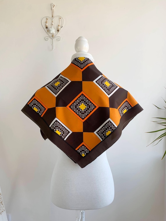 Vintage 70s Retro Neck Scarf, Orange Brown Square Neck Scarf, Geometric Novelty Print Neckerchief, Mod Head Scarf, Midcentury Scarf Unisex