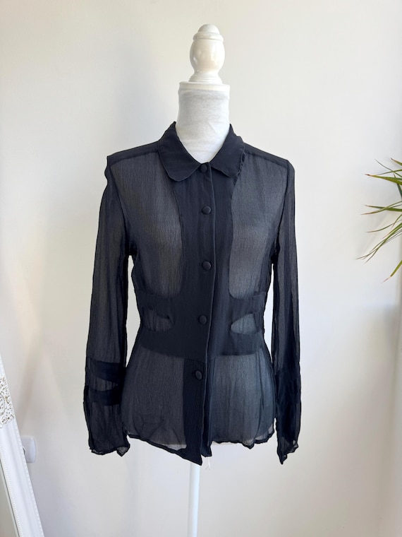Vintage 90s Sheer Mesh Button Up Shirt Women's EU 40 US 10, Crepe Black Overlay Top, Elegant See Through Long Sleeve Blouse Peter Pan Collar