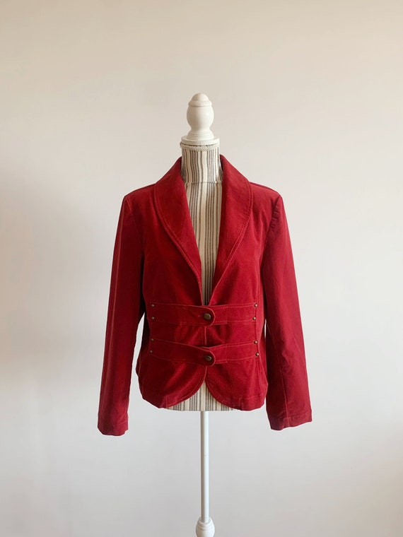 Vintage 90s Red Cotton Velvet Blazer for Women Si… - image 1