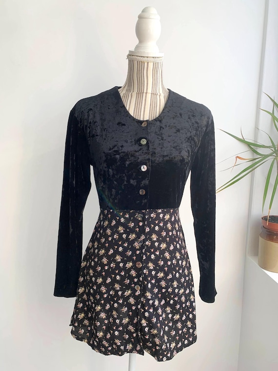 Vintage 90s Grunge Button Up Velvet Shirt, High Waisted Long Sleeve Velveteen Top With Flare Floral Peplum Bottom and Side Slits Women's XS