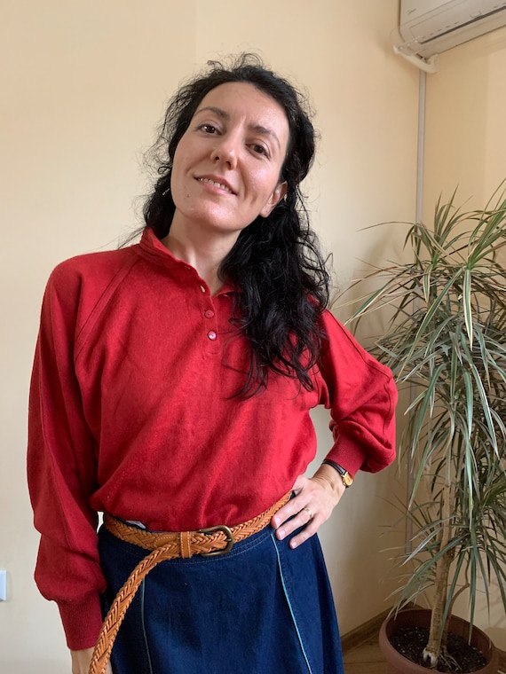 Vintage 1980s Brick Red Long Sleeve Sweater, 80s Wool Blend Knit Jumper, High Neck Button Up Collared Pullover, 80s Fashion Statement Piece