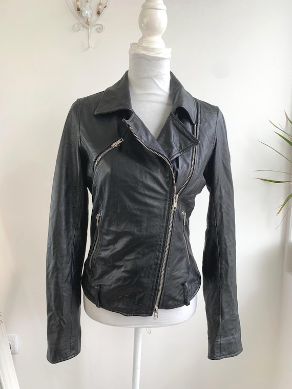 Vintage Black Real Leather Biker Jacket for Women, Asymmetrical Zip Up Cropped Moto Jacket, Soft Leather Punk Rock Outerwear Bik Bok Size S