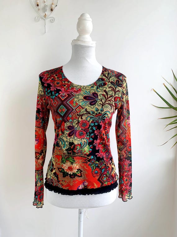 Vintage 90s Sheer Tulle Blouse for Women Size S M Long See Through Mesh Sleeves Scoop Neck Lined Overlay Top, Red Green Blue Y2K Grunge Top