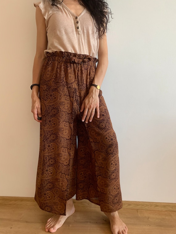 Vintage Toffee Wide Open Leg Palazzo Pants Size S M, Paisley Print High Waisted Harem Pants, 90s Elastic Waist Relaxed Fit Baggy Pants