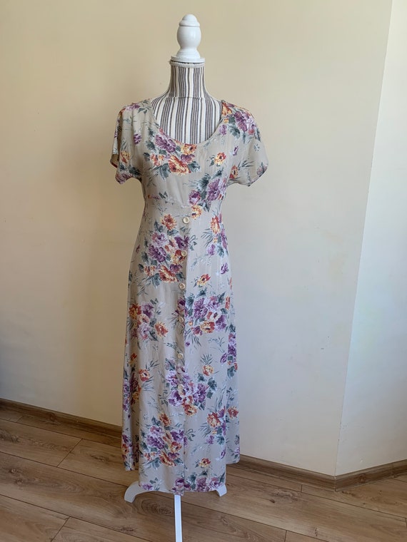 Vintage Grey Beige Floral Maxi Dress, High Wasted Button Front Dress, Long Short Sleeve Tie Back Dress, Summer Beach Ankle Dress Size S