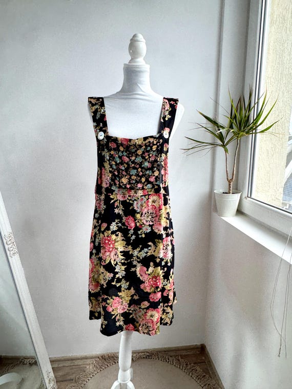 90s Vintage Floral Pinafore Dress, Black Rayon Boho Jumper Dress, Jenny Helene Made in USA Overall Dress, Whimsigoth Grunge Mini Dress OSFA