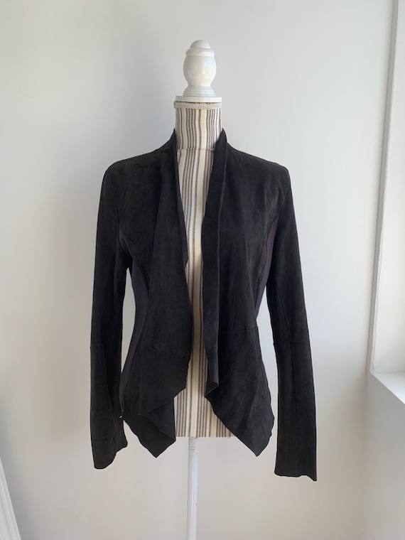 Vintage SAMSOE SAMSOE Black Leather Blazer Size M L, Real Leather Biker Jacket, Asymmetrical Open Front Cropped Suede Jacket, Moto Jacket