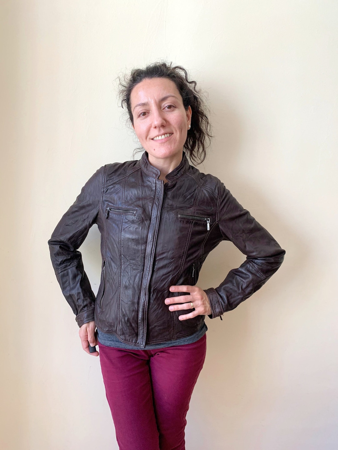 Veste moto en cuir marron vintage pour femme taille S, veste fine