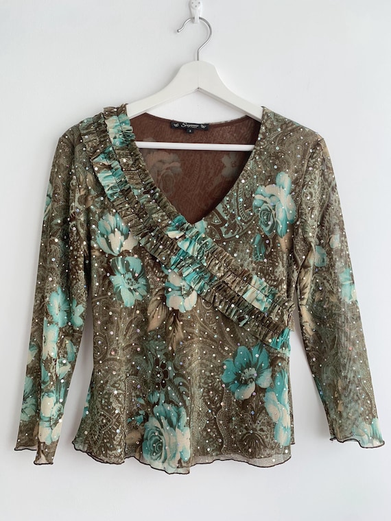 Vintage 90s Khaki Teal Sheer Top Size M L, Y2K 2000s Stretchy Floral Blouse, Fitted Ruffled V Neck Lace Top, Shiny Glitter Grunge Mesh Shirt