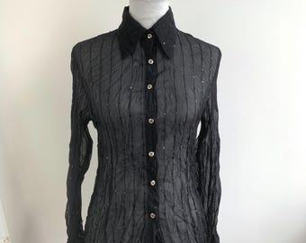 Vintage Black Sheer Crinkled Blouse Women's M L, 90s Y2K Sequin Shirt, Disco Sparkle Top, Smocked Long Sleeve Button-Up, Grunge Glam Rave