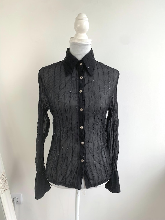 Vintage Black Sheer Crinkled Blouse Women's M L, 90s Y2K Sequin Shirt, Disco Sparkle Top, Smocked Long Sleeve Button-Up, Grunge Glam Rave