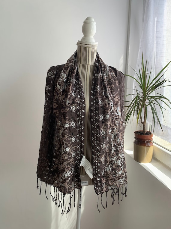 Vintage Indian Silk Scarf, Metallic Brown Scarf, Pure Silk and Cotton Oblong Scarf, Paisley Floral Scarf, Silver Taupe Block Print Shawl