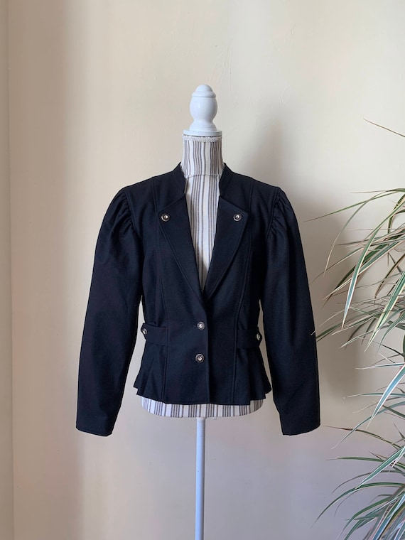 Vintage 80s Trachten Cropped Wool Coat for Women Size 40 M, Tyrollean Bavarian Black Wool Blazer, Puff Sleeve Austrian Dirndl Jacket