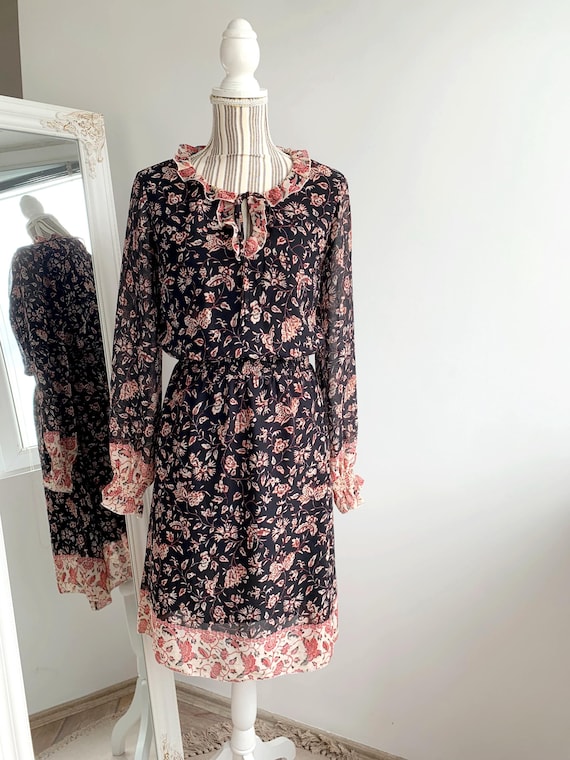 Vintage Y2K Black Floral Dress Size S, Long Sheer Sleeve Spring Summer Chiffon Dress, Ruffled Bow Tie Neck Day Dress,Flowy Grunge Dress