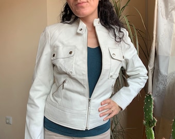 Vintage witte leren jas maat 34 XS, motorjack voor dames, leren jas met ritssluiting, echt leren bikerjack, bijgesneden leren blazer