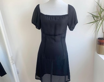 Vintage 90s Chiffon Black Mini Dress, Y2K Square Neck Puff Sleeve Sheer Short Grunge Dress, Babydoll Retro Mesh Tulle Overlay Party Dress