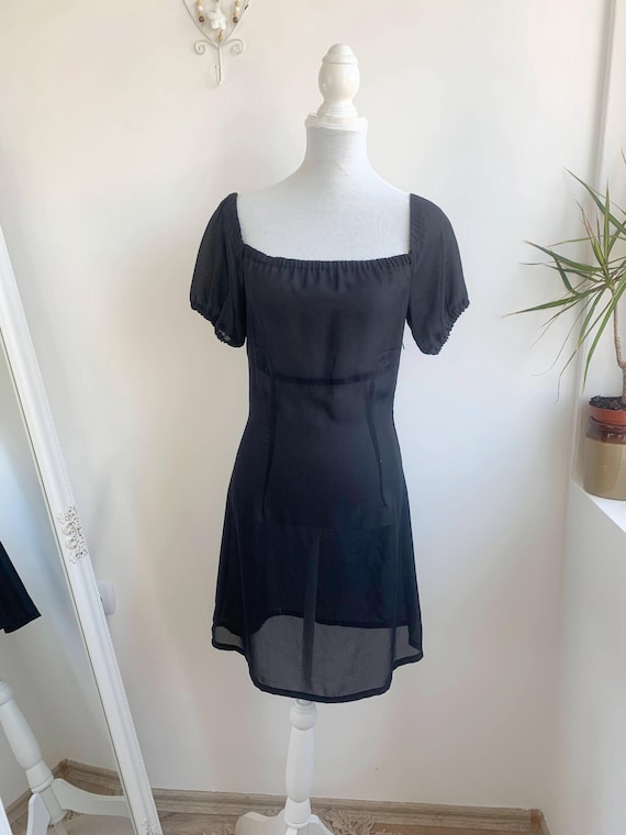 Vintage 90s Chiffon Black Mini Dress, Y2K Square Neck Puff Sleeve Sheer Short Grunge Dress, Babydoll Retro Mesh Tulle Overlay Party Dress