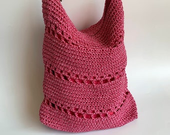 Bright Pink Crochet Tote Bag, Vintage 90s Slouchy Hobo Bag, Handmade Hobo Shoulder Bag, Boho Hippie Summer Handbag, Fuchsia Knitted Purse