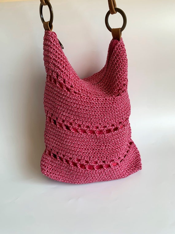 Bright Pink Crochet Tote Bag, Vintage 90s Slouchy Hobo Bag, Handmade Hobo Shoulder Bag, Boho Hippie Summer Handbag, Fuchsia Knitted Purse