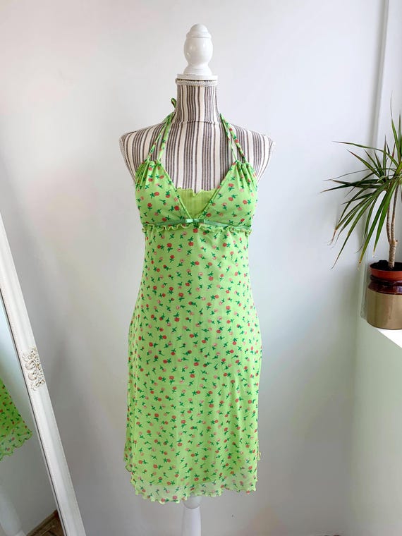 Vintage 90s Green Ditsy Floral Grunge Halter Dress S Sleeveless Romantic Summer Slip Mini Dress Coquette V Neck Spaghetti Strap Sundress