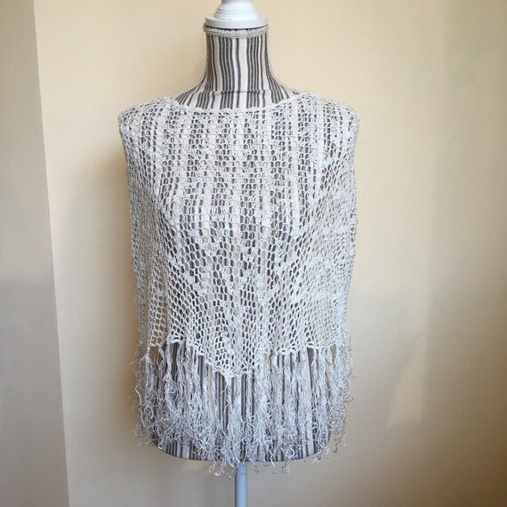 Vintage White Lace Poncho for Women, Sequin Embellished Poncho Top, Elegant Crochet Fringed Poncho, Boho Beaded Cape, Mesh Fishnet Crop Top