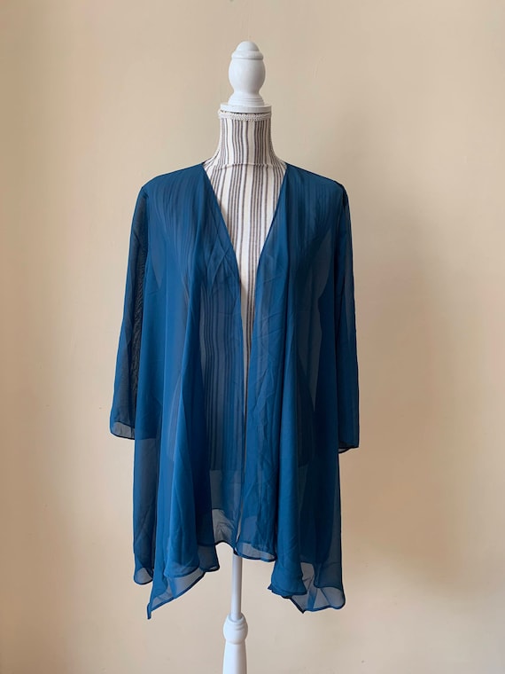 Vintage Turquoise Blue Sheer Open Front Cardigan, Plus Size Lightweight Mesh Jacket, Transparent Kimono Robe, See Through Beach Cover Up