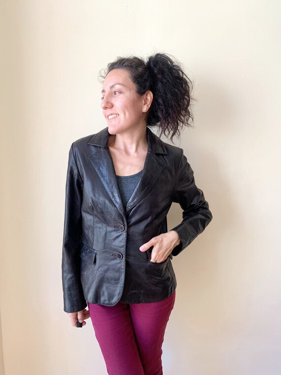 Vintage 90s Brown Leather Jacket for Women Size 36 S, Distressed Leather Jacket, Cropped Leather Blazer, Boho Fitted Leather Coat Size Small