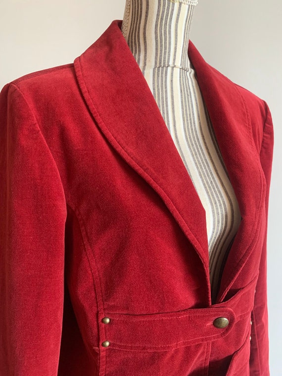 Vintage 90s Red Cotton Velvet Blazer for Women Si… - image 5