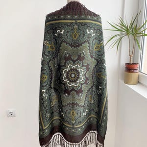 Large Square Scarf in Brown Khaki Green, Vintage Babushka Scarf, Oversized Abstract Floral Fringed Bohemian Shawl, Retro Fashion Accessory