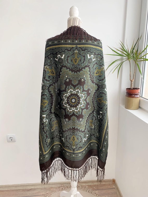 Large Square Scarf in Brown Khaki Green, Vintage Babushka Scarf, Oversized Abstract Floral Fringed Bohemian Shawl, Retro Fashion Accessory